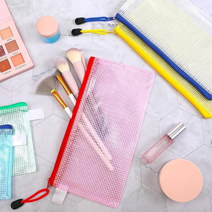 100 Pcs Mesh Zipper Pouch Bulk, 9.25 x 4.72 Inch Small Clear Plastic Pencil Pouches Multipurpose Waterproof Pencil Pouch for Stationary, Cosmetics, Bill, Envelopes Storage (5 Colors)