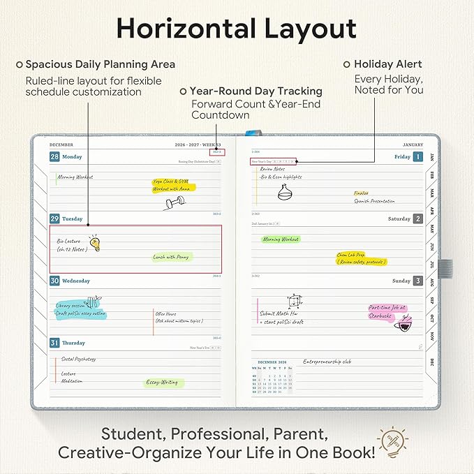 Planner 2026-2027 Weekly & Monthly Planner, 18 Month Academic Calendar July 2026 – Dec 2027, Horizontal Layout with Monthly Tabs, Textured Fabric Hardcover, Pale Ice Blue