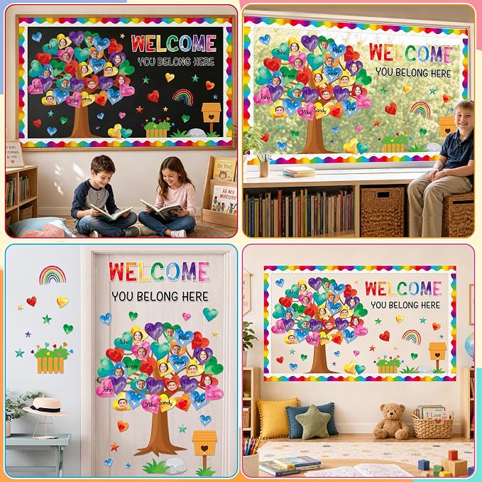 85pcs Classroom Tree Bulletin Board Heart DIY Photo Name Tags Cutouts Back to School Watercolor Accents You Belong Here Welcome Classroom Decor for Nursery Elementary Chalkboard Wall Decor（Watercolor）
