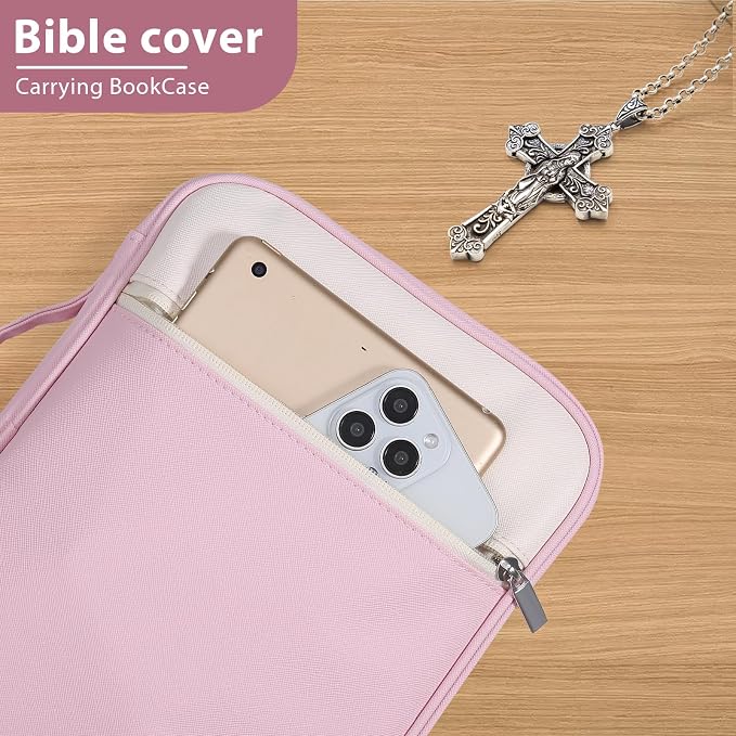 GERMUN Bible Cover with Durable Handle, Carrying Book Case Church Bag Bible, Protective with Zippered Pocket, Bible Accessories Supplies, Book Protector for Book Lovers, WhitePink
