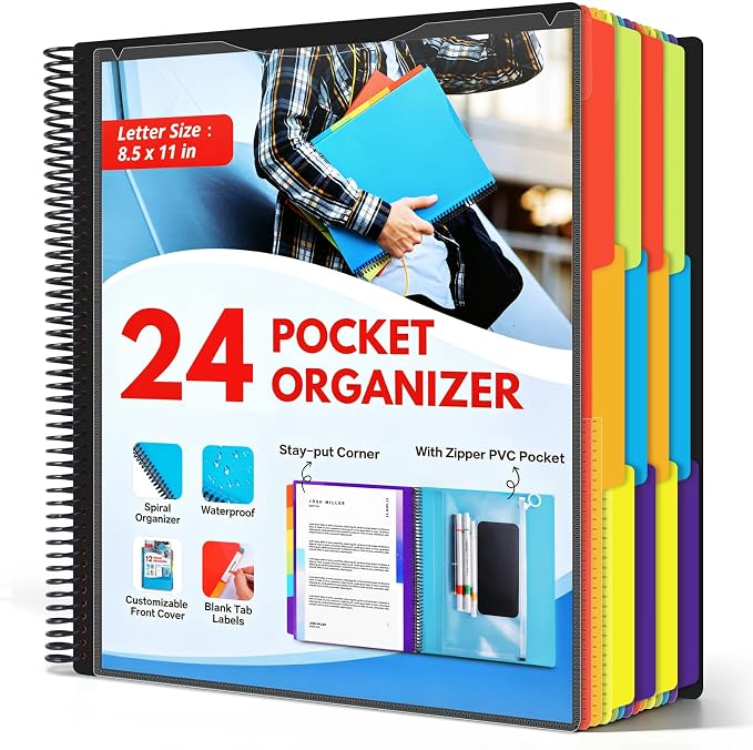 24 Pocket Poly Project Organizer for Office & Home, Large Capacity Expandable File Folder with Dividers, Heavy Duty Accordion Folder for Documents, Bills, Files Organization (Black)