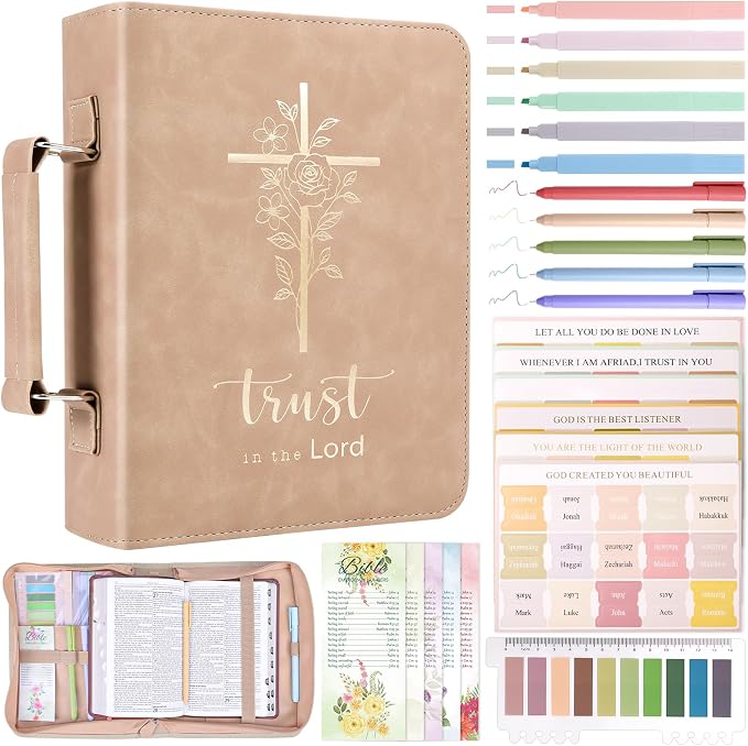 XKDOUS Bible Cover Case for Women, Gold Foiled Leather Bible Bags with Study Supplies, Tabs, Bookmarks, Pens, Large Book Carrying Case with Handle, Christian Gifts for Mom Lady Men