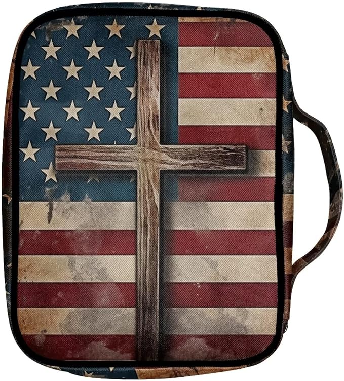 Suobstales American Flag Cross Print Bible Covers for Women Men Bible Case Bible Bag Bible Accessories with Handle and Zippered Pocket Bible Tote Bag for Women Men