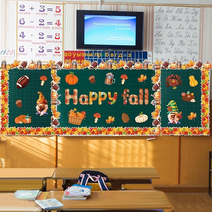 Kosiz Fall Bulletin Board Decoration Set 118 ft Thanksgiving Scalloped Bulletin Board Borders Classroom Poster Border Trim with 257 Pcs Letter Number Symbol Cutout for School Decor