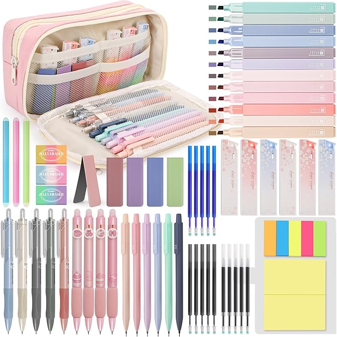 DazSpirit 61 PCS Aesthetic School Supplies with Cute Pencil Case, Pastel No Bleed Highlighters, Gel & Erasable Pens, Mechanical Pencils, Refills, Complete Essentials Stationery Kit for Students (Pink)