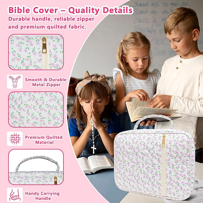 Bible Cover for Women, Large Quilted Case with Handle, Durable Bag and Carrying Case for Girls, Study Supplies Accessories, Christian Gift for Women (Purple Mini Floral, Large-Bag Set)