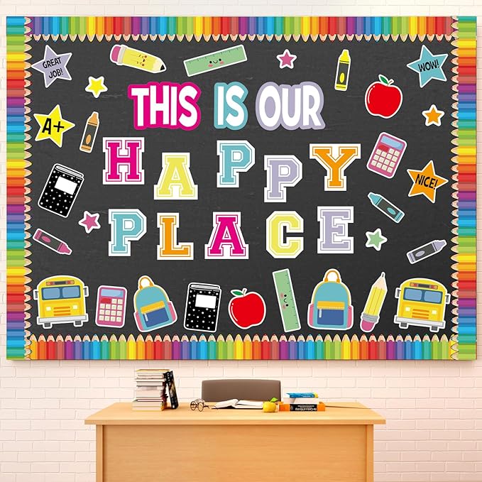 Mooliwe This is Our Happy Place Classroom Decor Welcome Back to School Bulletin Board Set DIY Paper Die Cuts Decorating Supplies for First Day of School Craft Classroom Wall Decor