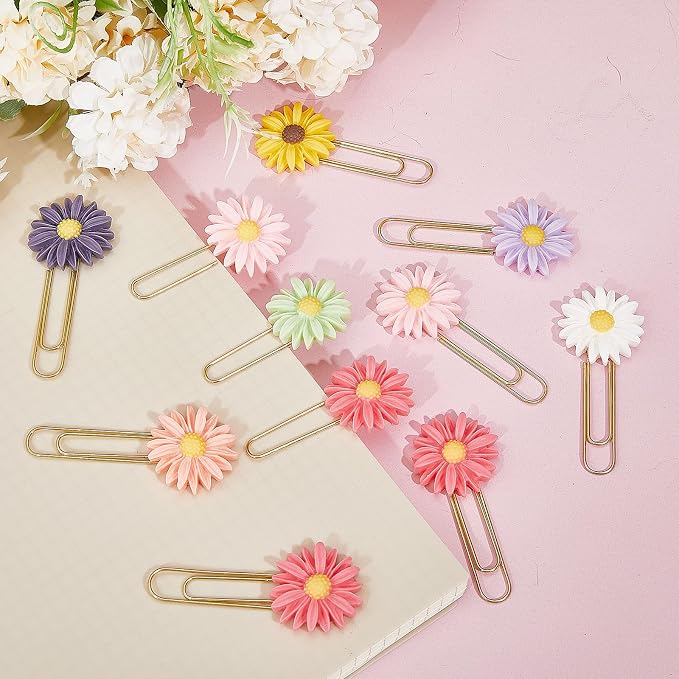 CHGCRAFT 40pcs Daisy Flower Paper Clips Bookmark Creative Elegant Resin Paperclips Note Clips Book Markers for Office, School, Home and Wedding Party Use