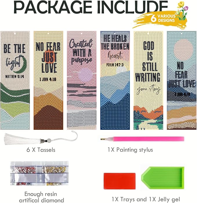 Christian Diamond Art Bookmarks - 6 Pcs DIY Bible Verse Diamond Painting Bookmarks with Mountains Rivers Pattern Religious Gem Art Craft Inspirational Gift for Reading Lovers Beginners
