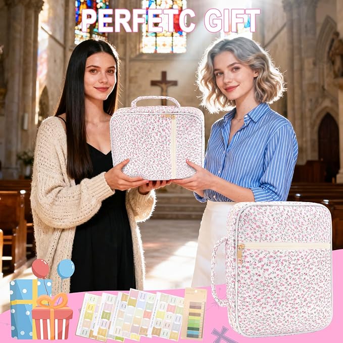 Zkptops Bible Cover Case for Women Girls Pink Large Bible Bag Cotton Quilted Floral Bible Carrying Case with Zipper Pocket and Handle Christian Carrying Book Cover for Christian Study Supplies