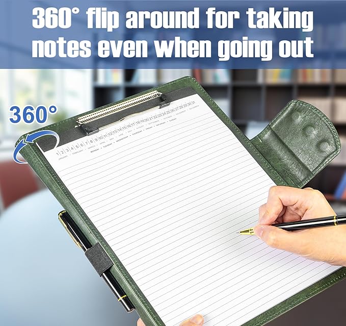 DIN A4 PU Leather Padfolio Clip Board, Clipboard Folder Portfolio,Magnetic Closure Business Clipboard with Cover Professional with 2 Pen,A4 Paper for Men Women, Dark Green