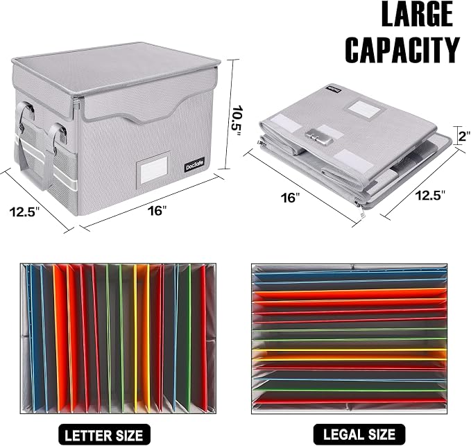 DocSafe Fireproof Document Box with Lock,File Storage Organizer with Zipper Pockets,Collapsible Portable File Box Home Office Safe Filing Cabinet with Handle for Hanging Letter/Legal Folder,Silver