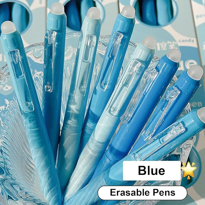 MOZXIRZ 4 Pcs Cute Erasable Gel Pens Erasable Retractable Gel Pens 0.5mm Black Ink Pen Aesthetic Pen for Women Girls Boys Men Office School Supplies (Blue-Black Ink)