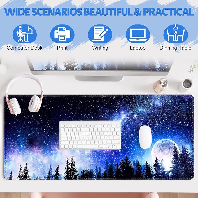 Mouse Pad, Cute Cool XXL Large Desk Mat for Desk Cover, Anti-Slip Big Mousepad with Stitched Edges, Keyboard Mat for Computer Desktop Table Protector I Galaxy Moon Pines