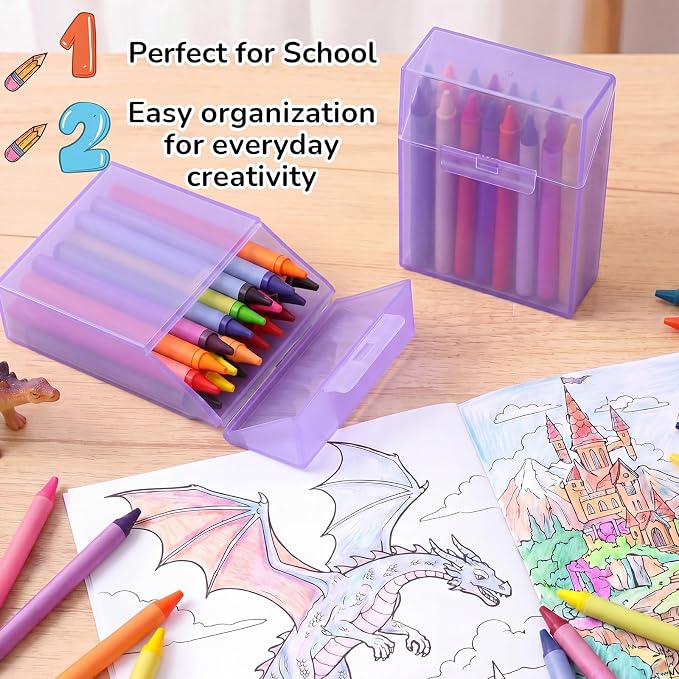Clabby 12 Pcs Plastic Crayon Organizer Case for 24 Count Crayons Kids Art Supply Storage Box with Lid, Portable Holder for Classroom Home Travel, Fits Standard 24-Pack Crayon (Purple)