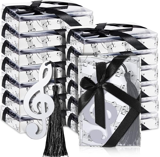Gueevin 48 Sets Hollow Musical Notes Bookmarks with Tassels & Gift Boxes – Metal Musical Note Party Favors for Wedding, Birthday, Music Events, Classroom & Office Gifts