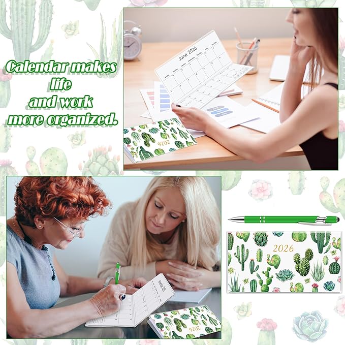 Gueevin 2026 Pocket Calendar for Purse with Pen Small Pocket Planner Handy Weekly Monthly Planner Journal Writing Notebook Valentine New Year Gift Sister Friend Women(Succulent,Green)