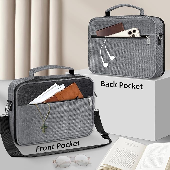 FINPAC Large Bible Cover w/Shoulder Strap, Carrying Book Case Church Bag Bible Protective w/Pen Slots and Zippered Pocket, Gift for Women Lady, Gray