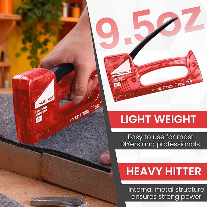HAUSHOF Light Duty Staple Gun, Upholstery Staple Gun with 800PCS JT21 Staples and Stapler Remover, Fits JT21 Staple of 1/4'', 5/16'' & 3/8'', Used for Wood, Classroom, Crafts, DIY (Red Transparent)