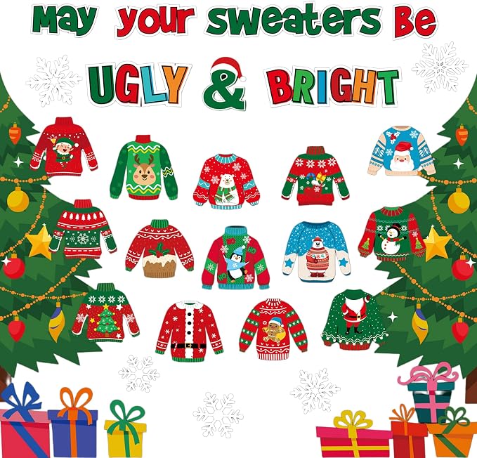 Pasimy Christmas Bulletin Board Decorations Set Ugly Sweater Paper Cutouts Xmas Tree Snowflake DIY May Your Sweater Be Ugly and Bright Classroom Decor for School Chalkboard Home Winter Holiday Party
