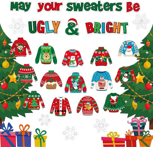 Pasimy Christmas Bulletin Board Decorations Set Ugly Sweater Paper Cutouts Xmas Tree Snowflake DIY May Your Sweater Be Ugly and Bright Classroom Decor for School Chalkboard Home Winter Holiday Party