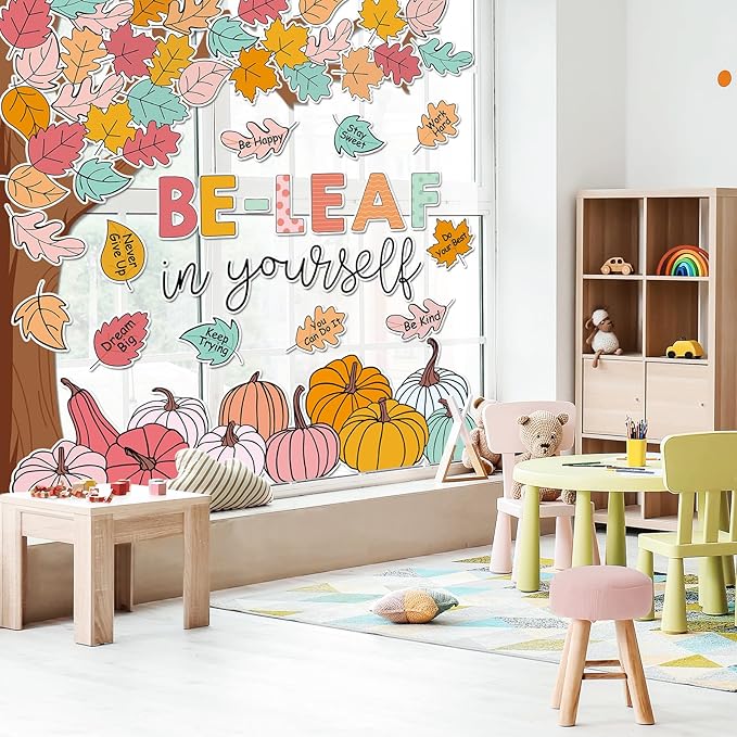 JarThenaAMCS 73Pcs Fall Tree Bulletin Board Decoration Motivational Boho Maple Leaf Pumpkin Cutouts for Autumn Thanksgiving Classroom Wall Chalkboard Decor