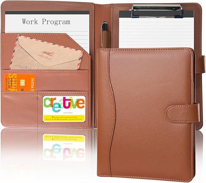 Padfolio Portfolio Binder, Leather Clipboard Folder Briefcase Loose-Leaf Binder with Cover Brown Folder with Pockets Resume Folder for Business Office Meeting Men Women's Business (A5, Brown)