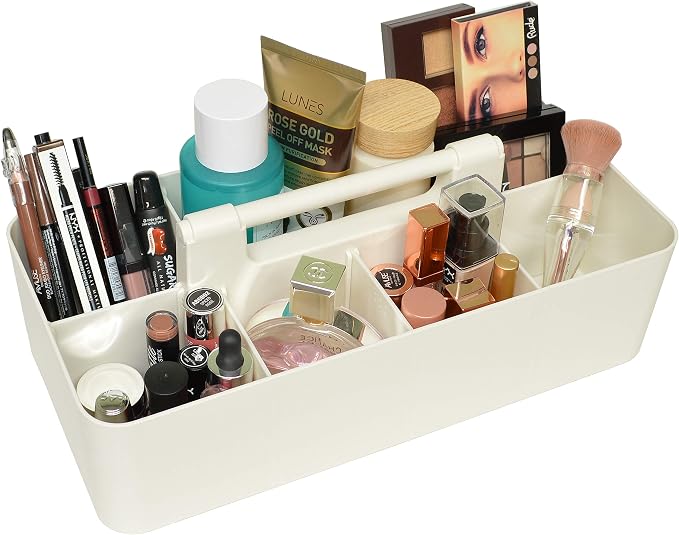 Portable Caddy Organizer -2 Stackable Plastic Caddy with Handle | Desk, Makeup, Dorm Caddy, Classroom Art Organizers (Made In Usa) (Ivory/Lavender)