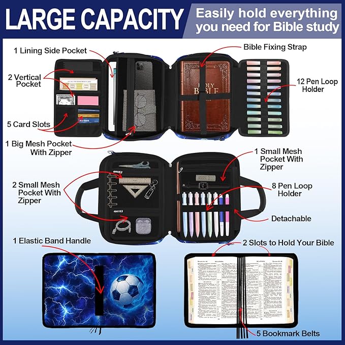 Soccer Large Bible Cover Case for Men Boys, Kids Bible Study Supplies Journaling Kit Book Carrying Case Bible Accessories with Pens Highlighters Cross Clips, Christian Gifts for Men