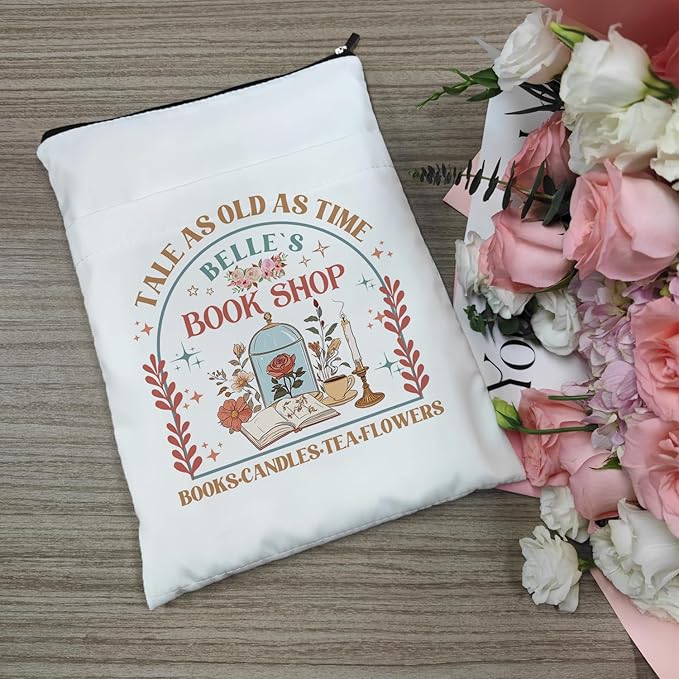 Tale As Old As Time Belle's Book Coffee Book Lover Book Sleeve, Book Covers with Zipper, Book Pouch Kindle Protector, Gifts for Women Teacher Librarian Bookworm Bookish (White-A, Large)