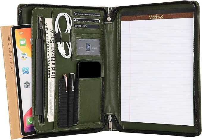 Vegan Portfolio for Men, Business Padfolio with Zipper, Vegan Leather Folio with A4 Writing Pad Holder Portfolio Organizer for Resume, Interview, Meeting - Green