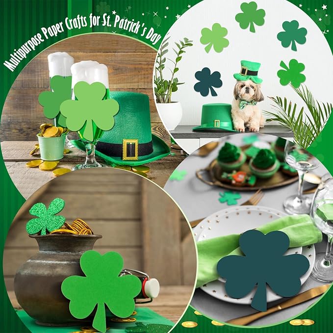 MixTeach 360 Pcs St. Patrick's Day Shamrocks Cutouts 4 Inch Paper Clover Cut-Outs Assorted Green Clover Shape Die Cuts for Irish St. Patrick's Day Party Kids School Craft Project Bulletin Board Decor
