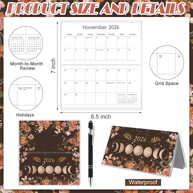 Gueevin 2026 Pocket Calendar for Purse with Pen Small Pocket Planner Handy Weekly Monthly Planner Journal Writing Notebook Valentine New Year Gift Sister Friend Women(Moon,Black)