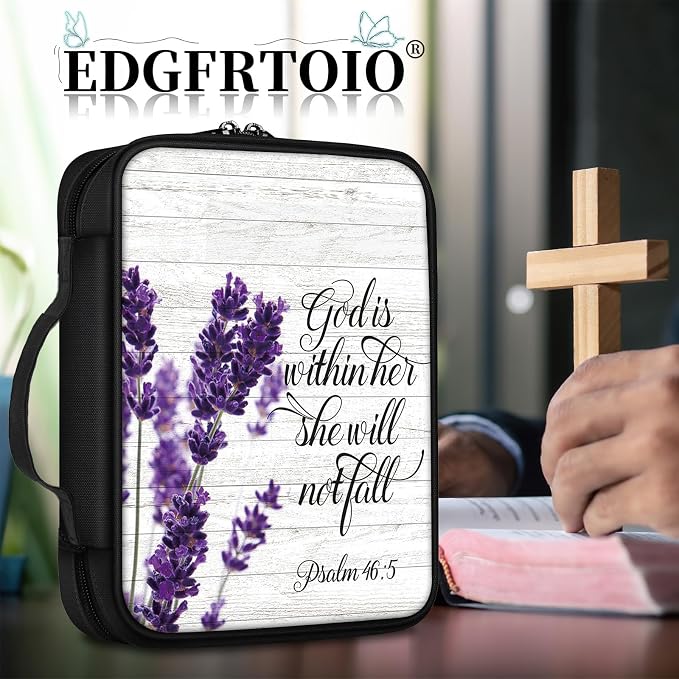 Lavender Bible Cover with Verses, Handle and Zippered Pocket - Standard Size Bible Case for Women Gifts, Church, Study