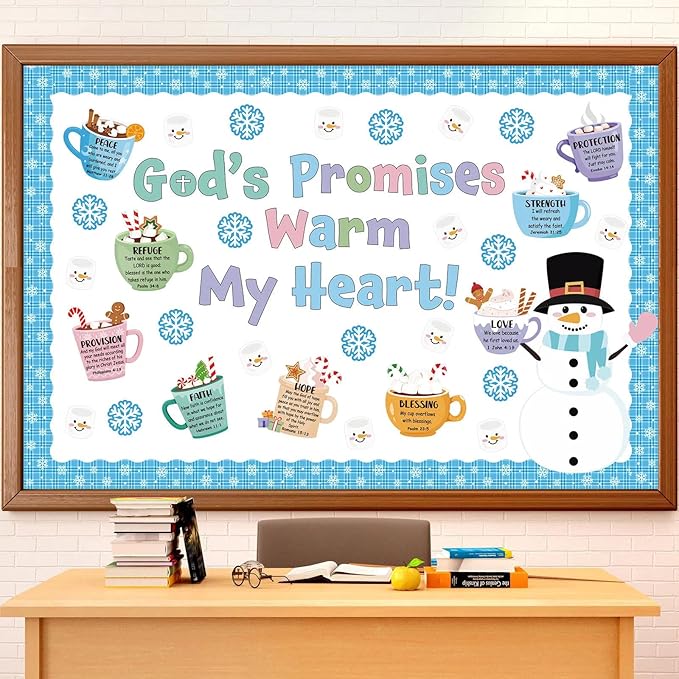 60 Pcs Winter Christian Bulletin Board Hot Cocoa Marshmallow Classroom Decoration God's Promises Warm My Heart Bulletin Board Snowflake Winter Christmas for Holiday School Office Wall Door