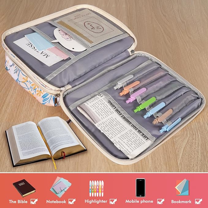Bible Bag for Girls Organizer - Dual Zipper Compartments with 7 Pen Slots for Church Bible Study, Christian Gift for Teen (Floral-Beige)