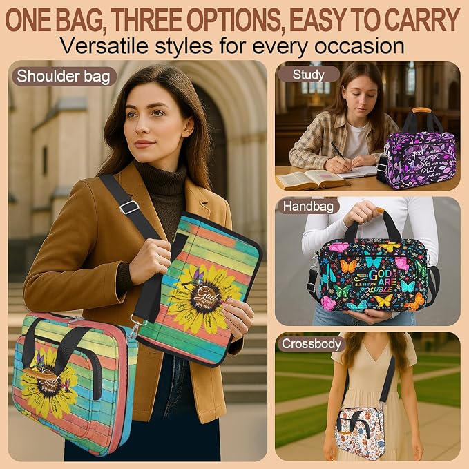 Bible Case for Women,Large Bible Cover,Bible Carrier,Bible Bag for Women Organizer,Sunflower Hummingbird Bible Holder,God Says You Are,Bible Study Supplie Kit With Highlighters,Tabs,Pen,Christian Gift