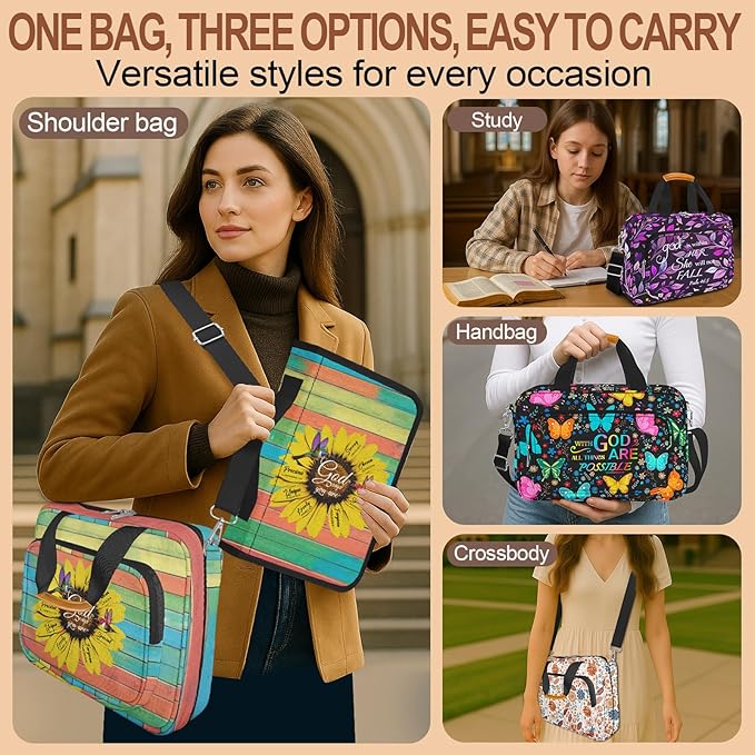 Bible Cover for Women,Bible Carrying Case,Large Bible Bag for Woman Organizer,Butterfly Bible Holder,With God All Things Are Possible,Bible Study Supplie Kit With Highlighters,Tabs,Pens,Christian Gift
