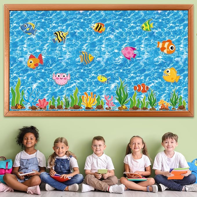Qyeahkj 17.7in x 20ft Bulletin Board Paper Roll Bulletin Board Background Paper Fade Resistant Classroom Decoration Poster Art Craft Home Wall Education Decor Supplies Ocean