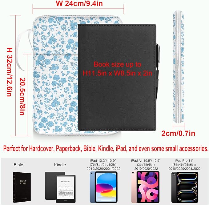 Blue Floral Bible Book Sleeve with Zipper,12"x 9" Padded Protector Washable Book Covers,Books Pouch with Handle Pockets,Travel Book Carrying Case for Books Lovers Paperback,Mother's Day Christian Gift