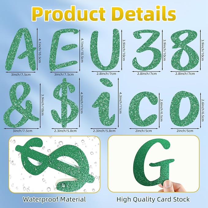 273 Pcs 4 Inch Glitter Bulletin Board Letters Set - Poster Board Letter Cutouts with Alphabet, Symbols, Numbers, Storage Bag - Classroom Decor, DIY Projects, Teacher Supplies, Office (Green)
