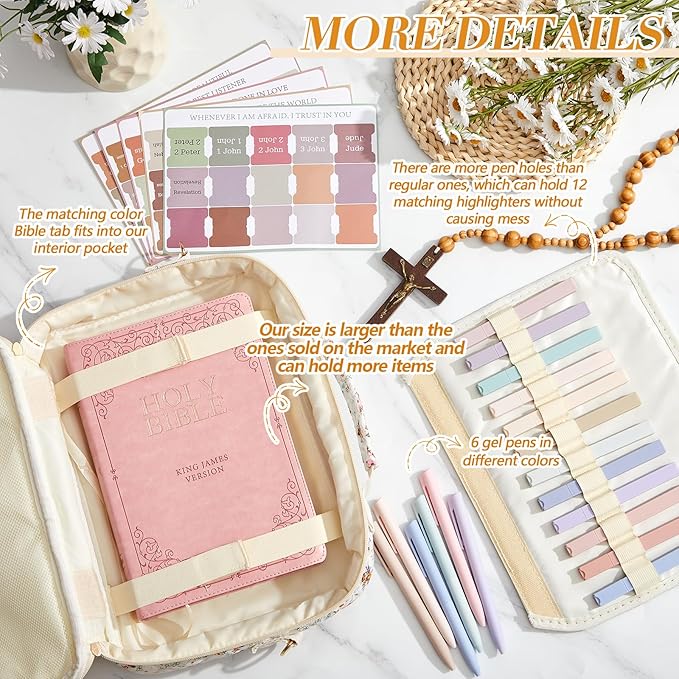 Sinload Quilted Bible Cover Case for Women 12 x 9 x 2.5 Inch Bible Chenille Letter Bag with Shoulder Strap Carrying Tabs 6 Colored Pens 12 Highlighters Christian Church Study Gifts(Colorful,Floral)