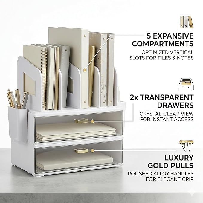 CiWiVOKi White Desk Organizer with 4 File Holder Slots, 2 Clear Drawers & Dual Pen Holders, Sturdy Multi-Functional Desktop Storage for Home Office, Mail Sorter & Caddy