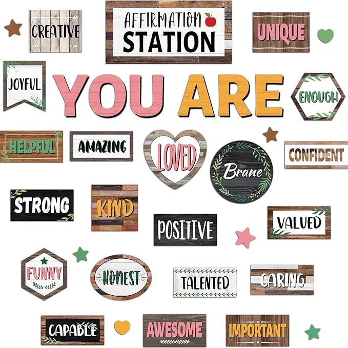 Classroom Affirmation Station Bulletin Board Set Motivational Bulletin Board for Classroom Door Decorations Wood Grain Mental Health Posters You are Positive Cutouts for Teachers School Wall Supplies