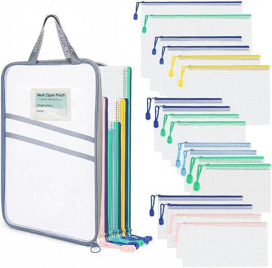 18-Pack Mesh Zipper Pouch Set with 1 Organizer Bag, 5 Sizes (A4 A5 A6 Bill B6) Clear Waterproof File Bags for Categorized Storage, Professional Travel & Home Office (19pcs)