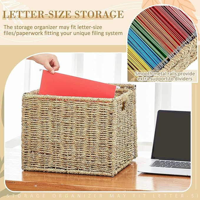 Jingmore Woven Seagrass File Storage Boxes, Decorative Hanging File Organizer with Lid for Home Office, Letter Size, 2 Pack