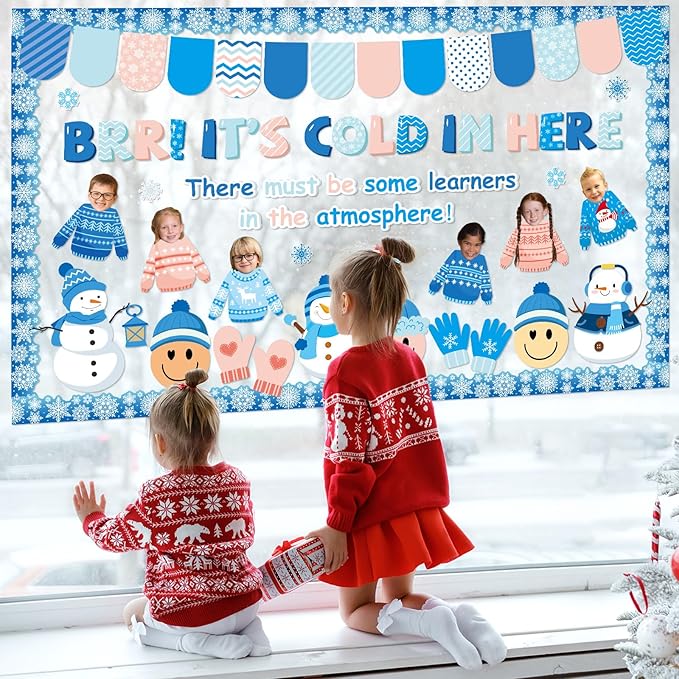 Winter Snowman Bulletin Board Decorations Set Winter Sweater Paper Cutouts Christmas DIY Photo Snowflake Classroom Bulletin Border for Xmas Holiday Party School Home Chalkboard Wall Decoration Favor