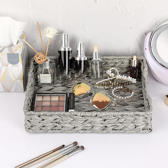 BTSKY Plastic A4 Paper Tray Organizer for Desktop Accessories, Hand-Woven File Holder with Sturdy Frame, All-in-One Storage for Letters, Magazines and Notebooks, Office and Home Supplies, Grey