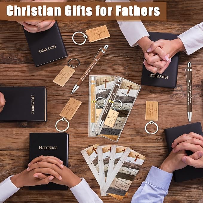 Spakon 120 Pcs Fathers Day Church Gifts Bulk, 40 Bible Verse Bamboo Pens 40 Church Keychains 40 Cross Bookmarks and Bags for Religious Sunday School Christian Party
