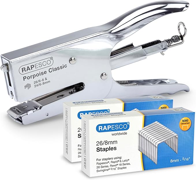 Rapesco 1298A Porpoise Classic Stapling Plier with 10.000 Staples, Type 26 Standard 5/16", 45 Sheet Capacity, Uses Type 26 Standard and Type 24 High-Capacity Staples, All Metal, Chrome